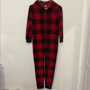 Old Navy Red and Black Plaid Hooded Jumpsuit